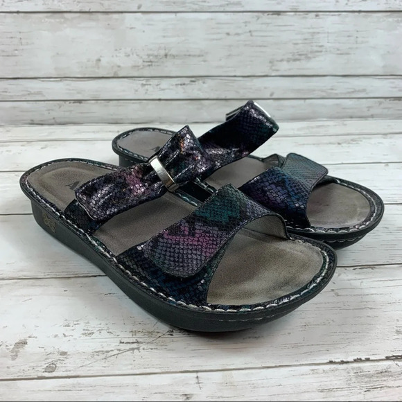 Alegria Karmen Black/Purple Snake Print Metallic platform Slide - Picture 1 of 9
